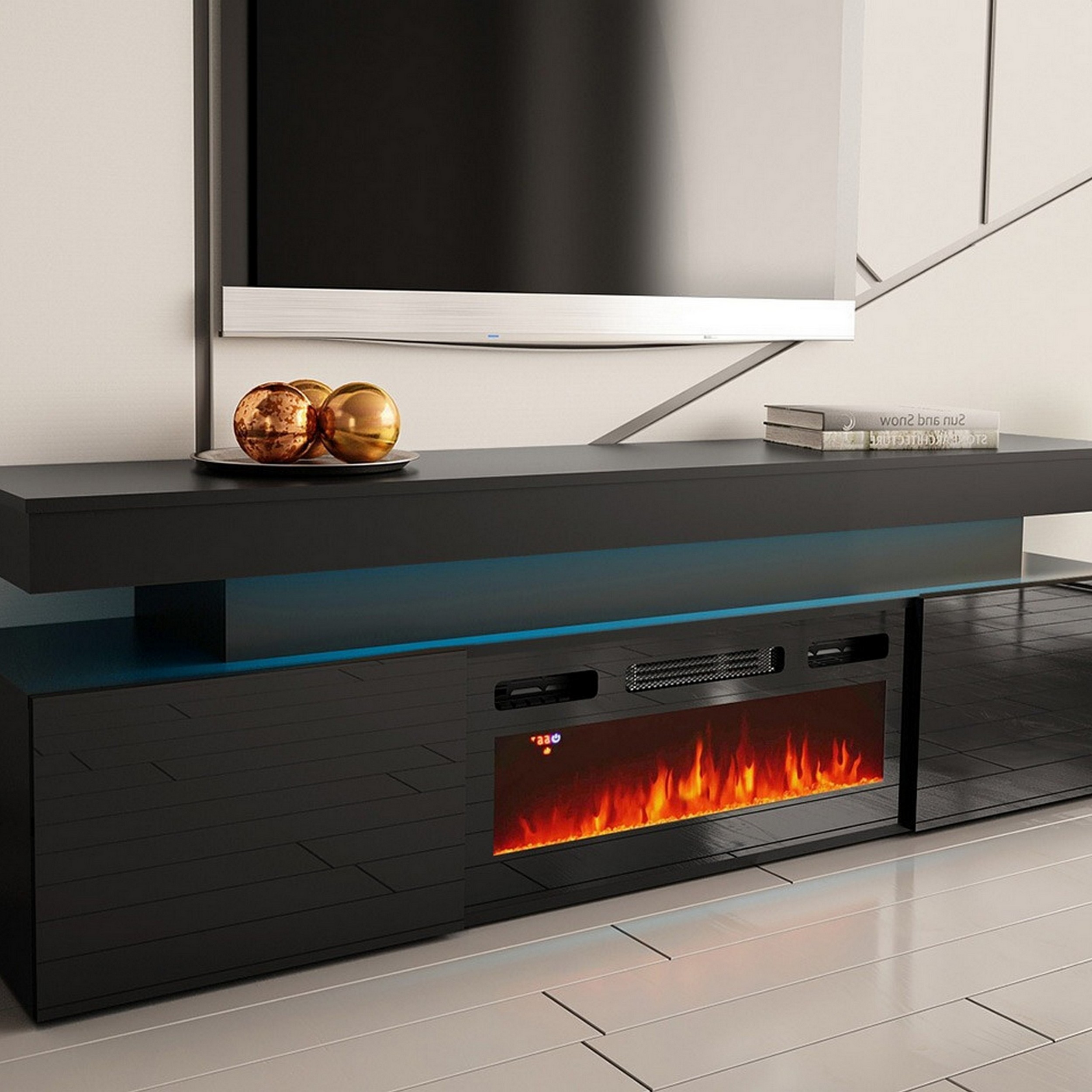 Tv-Bänk In Living Glenndale med Förvaring, Belysning och LED Kamin