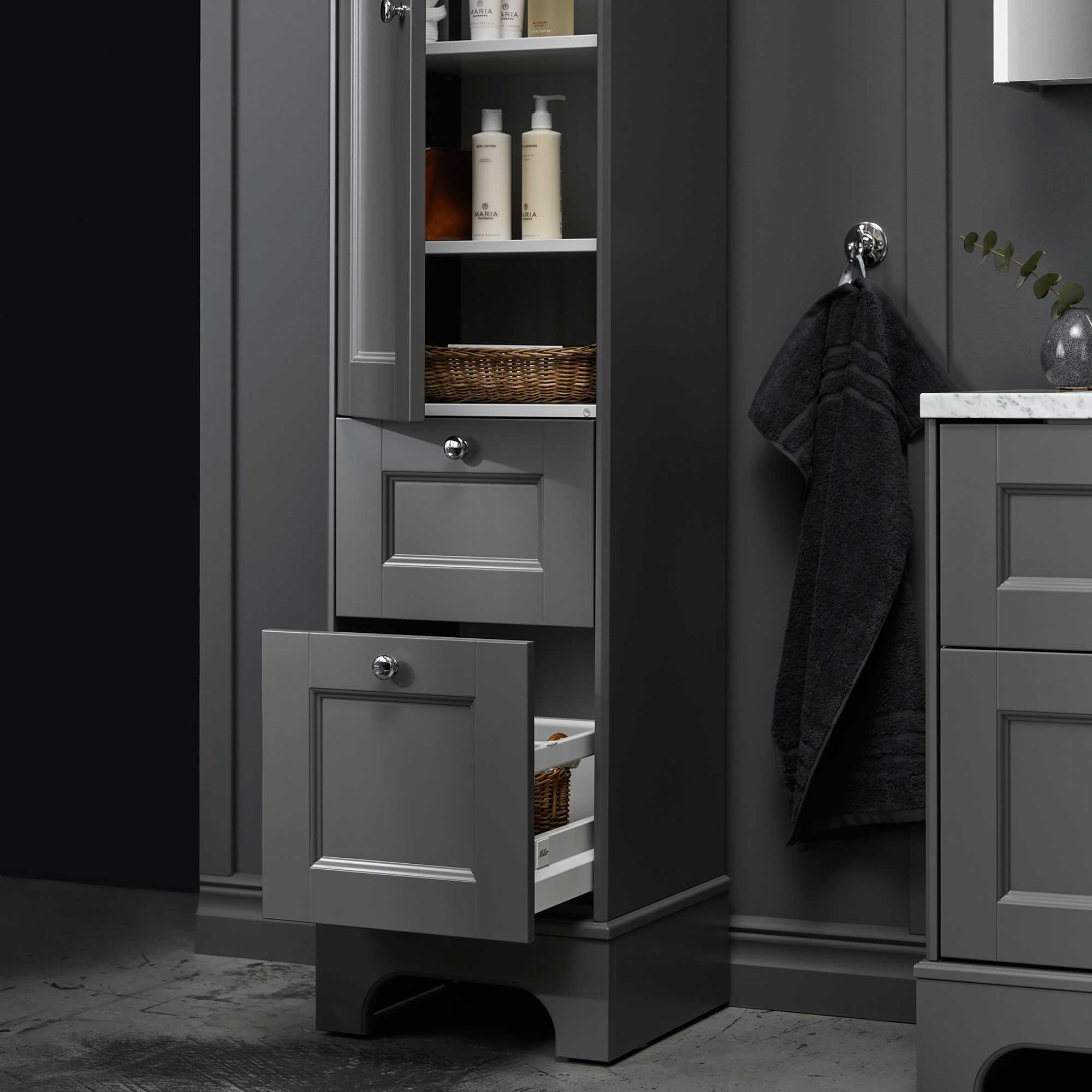 Högskåp Miller Badrum Kensington med 2 Lådor Golvstående Mörkgrå, Vänsterhängd dörr 492V9