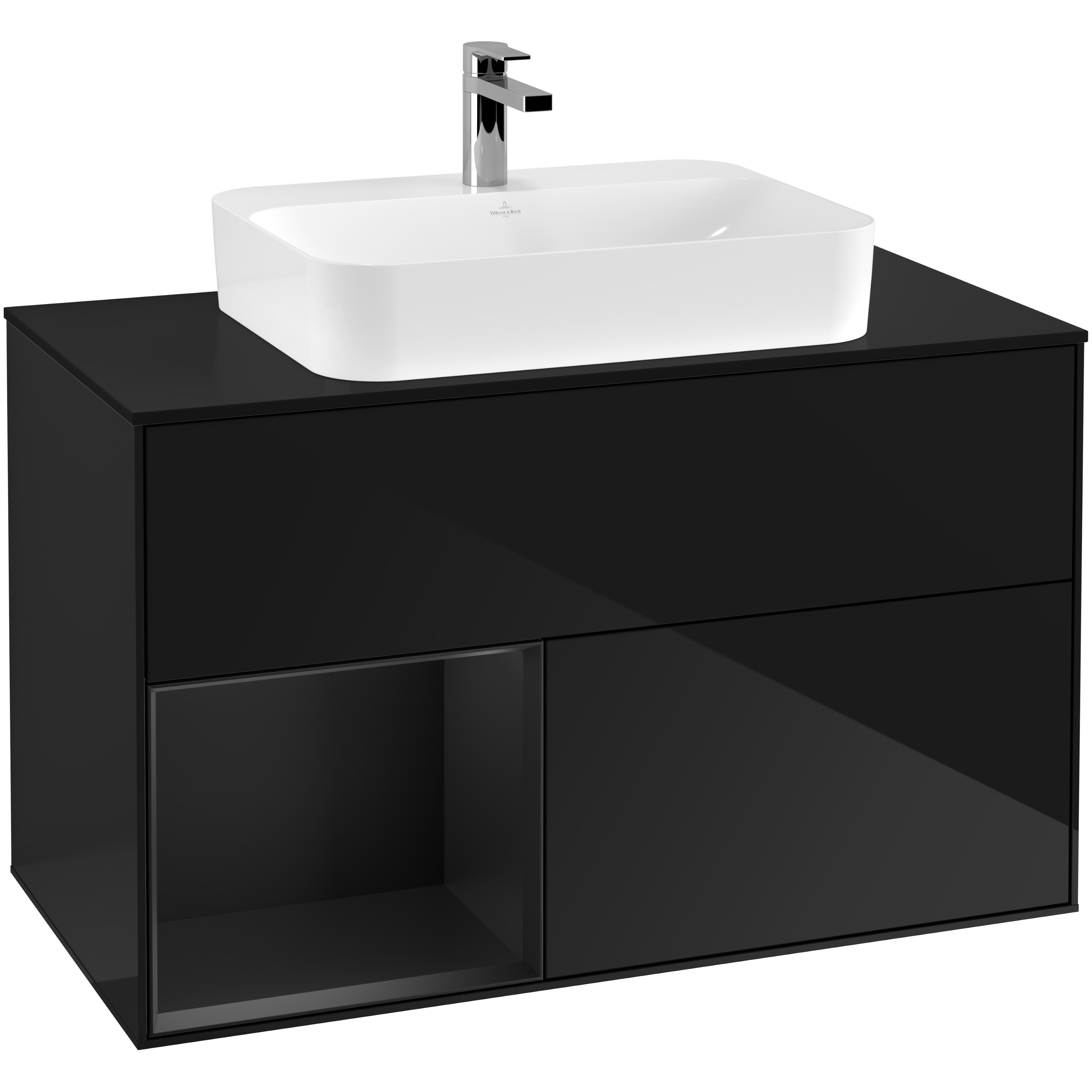 Tvättställsskåp Villeroy & Boch Finion med 2 Lådor Hylla och Bänkskiva för Ytmonterat Tvättställ Svart Högblank/Svart Mattl