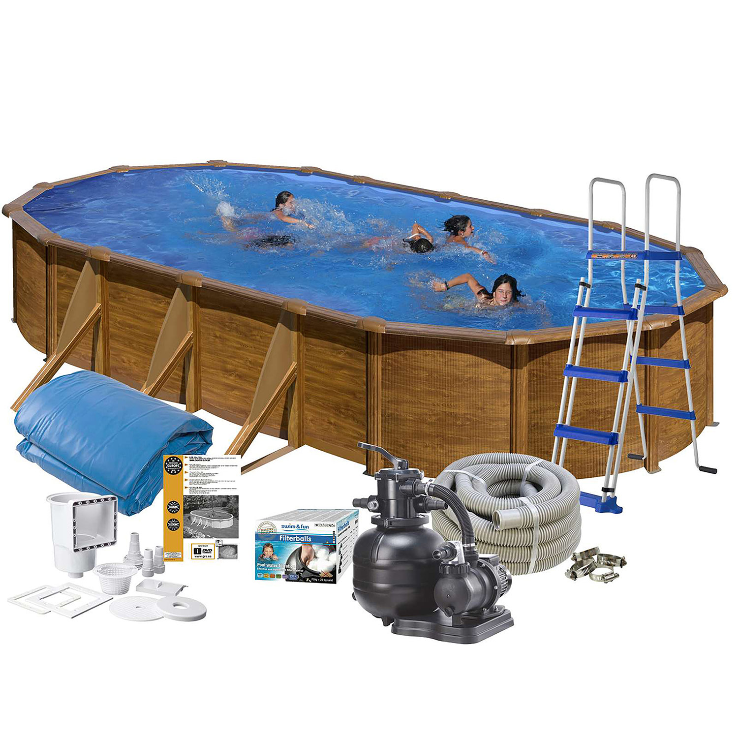 Poolpaket Swim & Fun Brown Steel Oval Baspaket 120 cm Djup LxB 610x375 cm