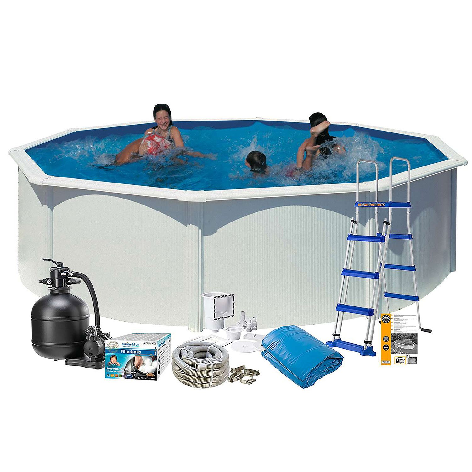 Poolpaket Swim & Fun White Steel Rund Baspaket 132 cm Djup Diameter: 460 cm