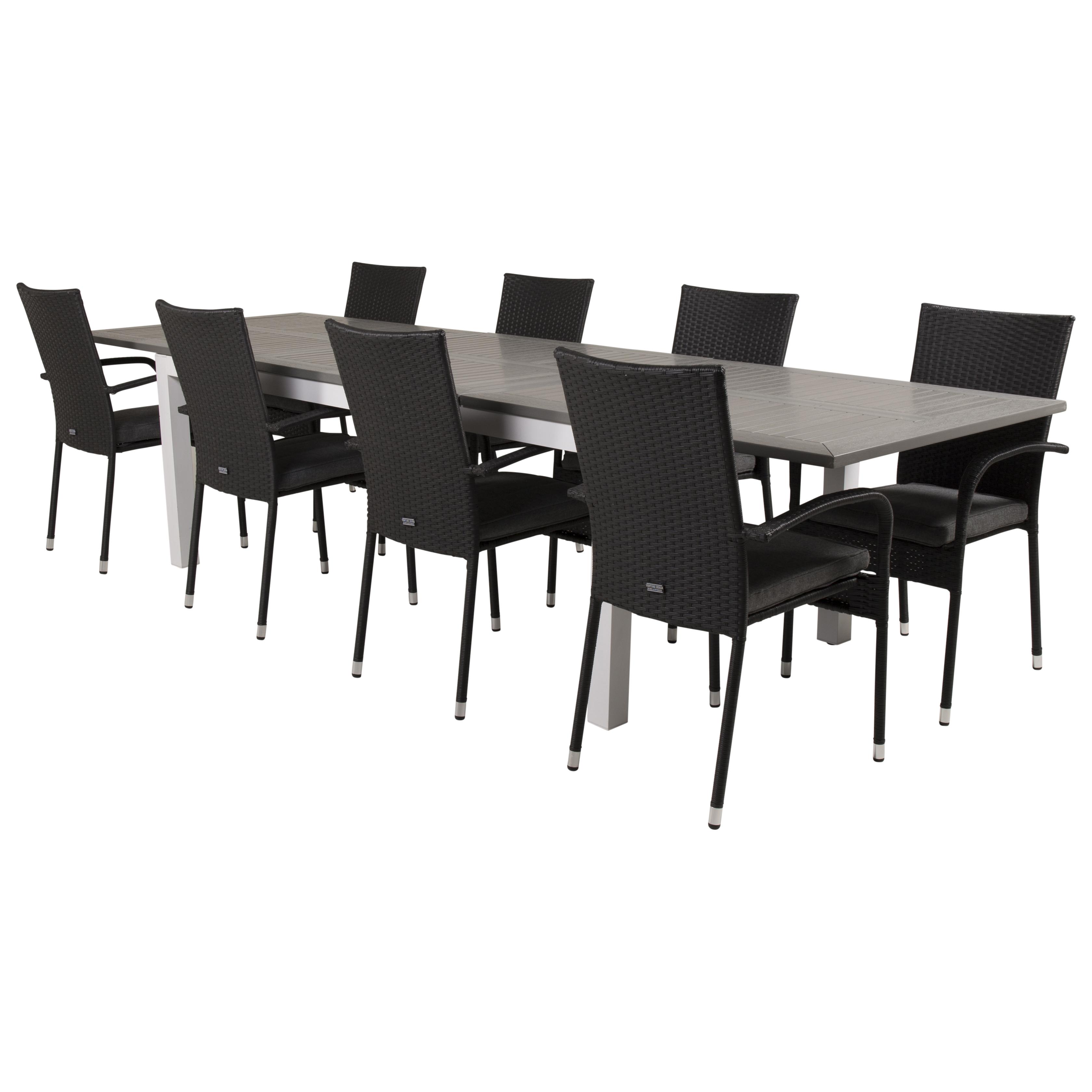 Matgrupp Venture Home Aleyna 224/324 med 8 Asta Stolar Grå Bord med Vita Ben, Svart Stol med Svart Dyna