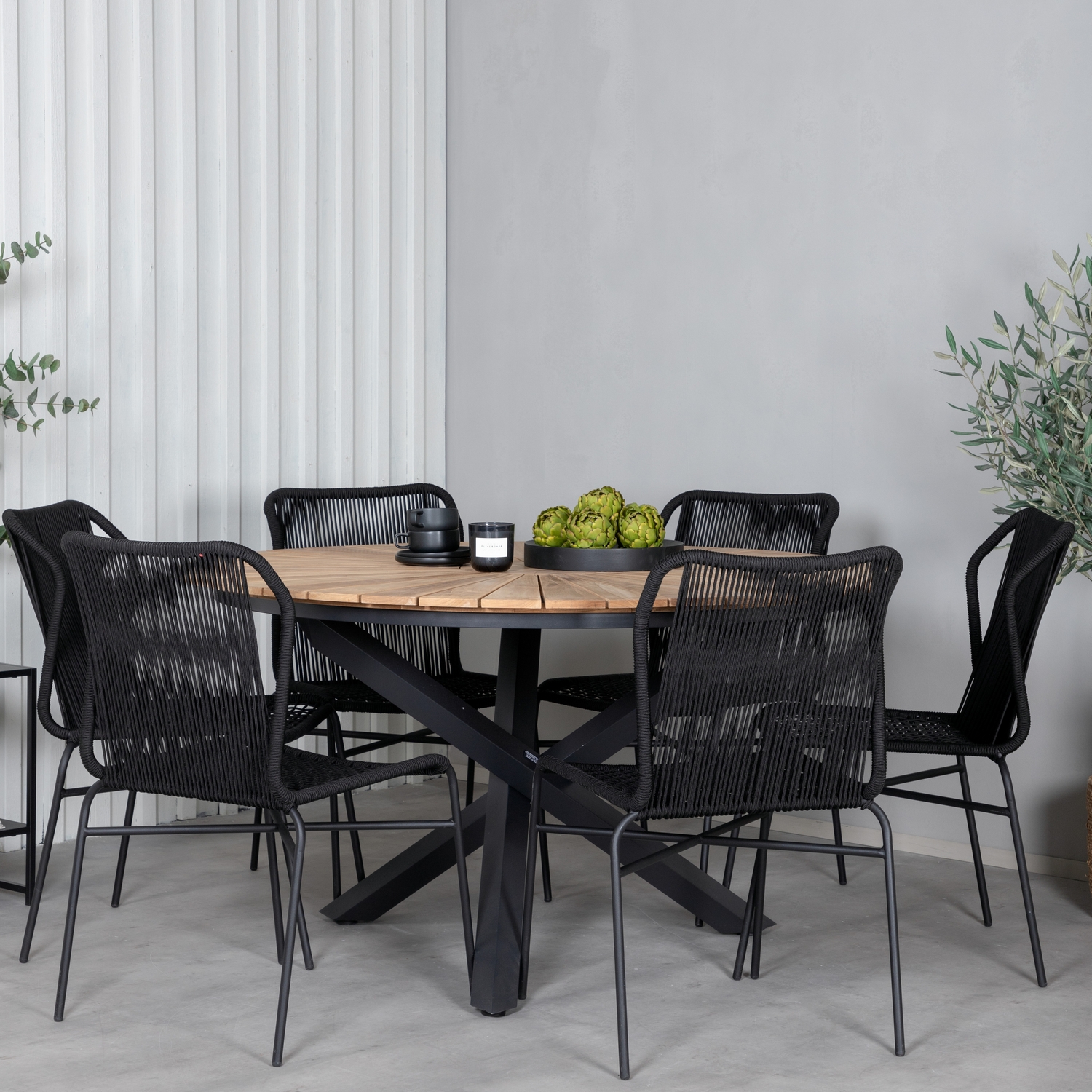 Matgrupp Utomhus Venture Home Meya med 6 Jefferson Stapelbara Trädgårdsstolar