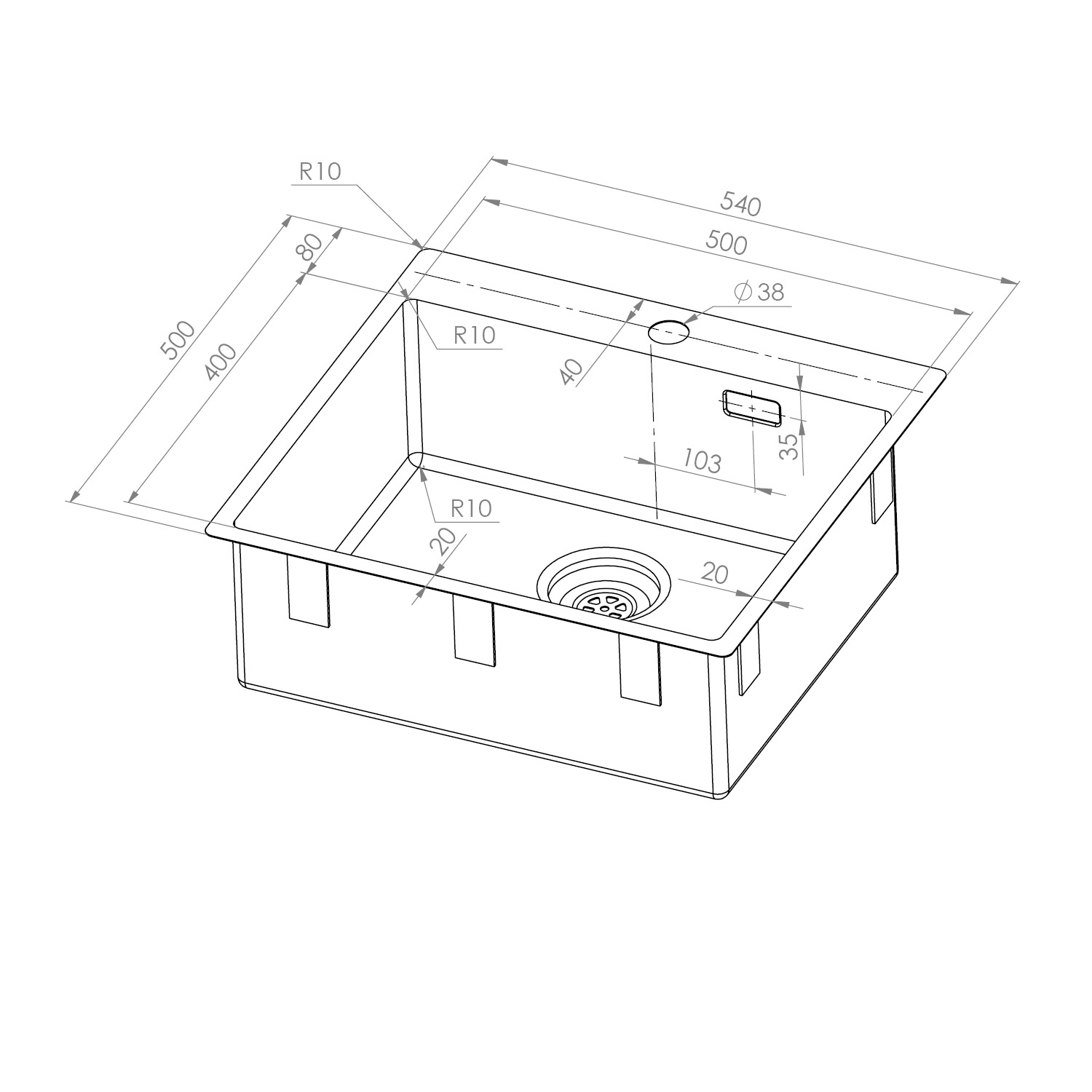 Enkelvask Strand Stainless SOLID med clips och blandarplats PVD Gun Metal