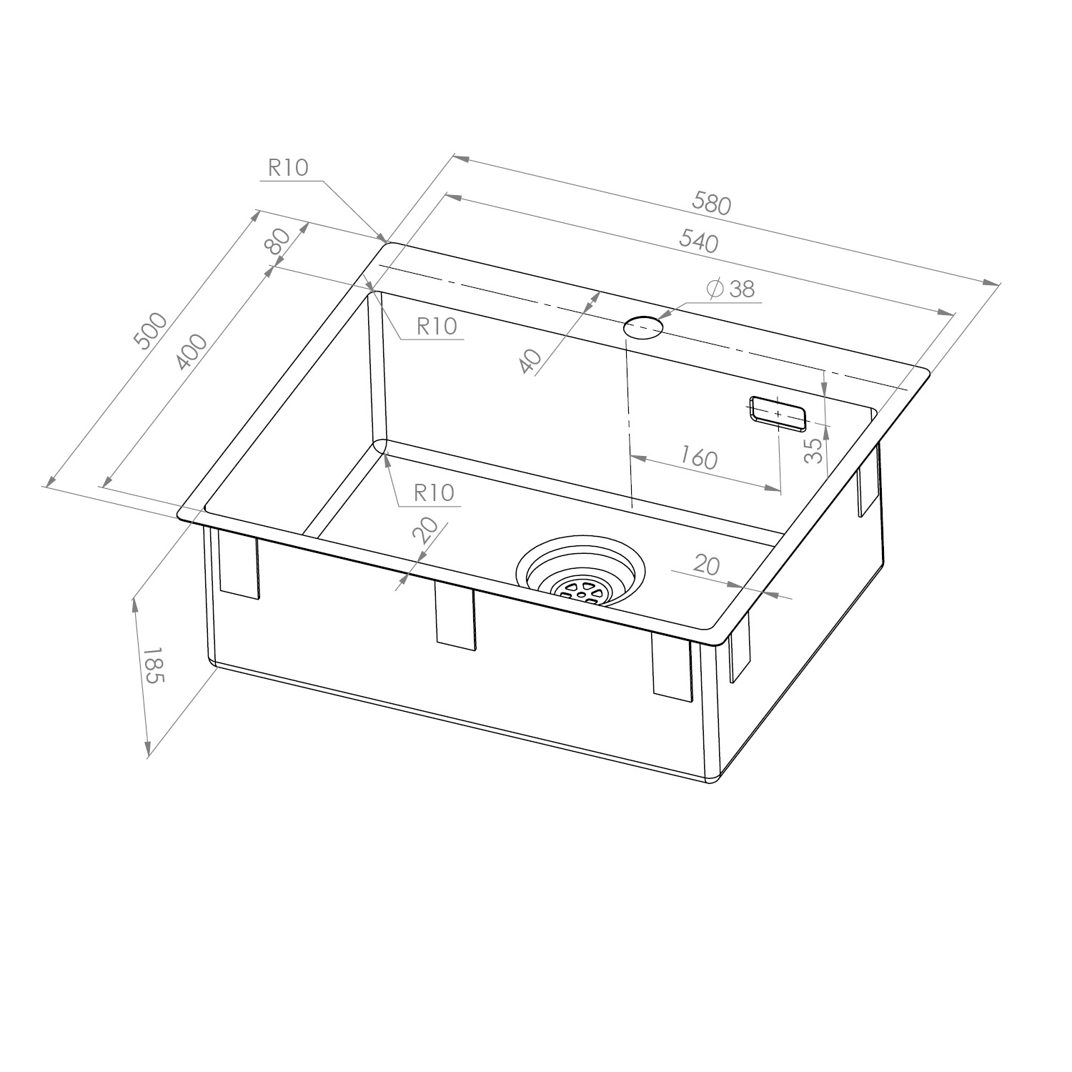 Enkelvask Strand Stainless SOLID med clips och blandarplats