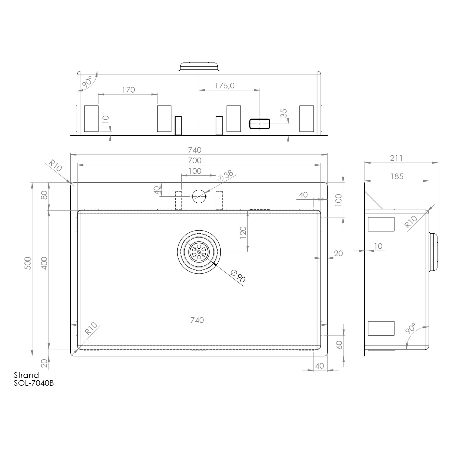 Enkelvask Strand Stainless SOLID med clips och blandarplats PVD Gold