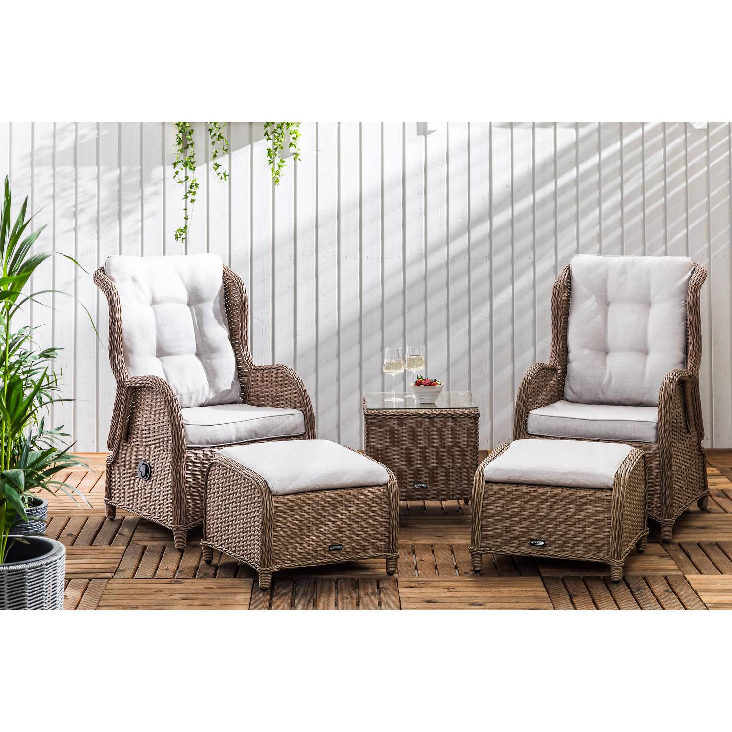 Cafégrupp deNoord Marcus Caféset med 2 Reclinerfåtöljer Utomhus m Dyna