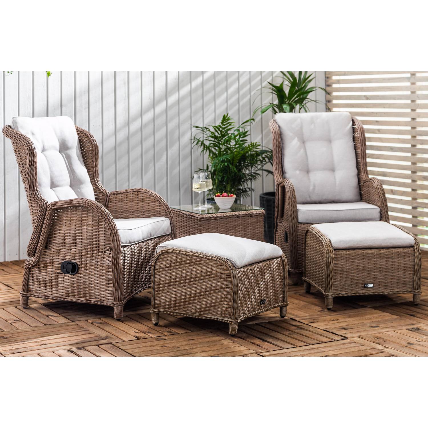 Cafégrupp deNoord Marcus Caféset med 2 Reclinerfåtöljer Utomhus m Dyna